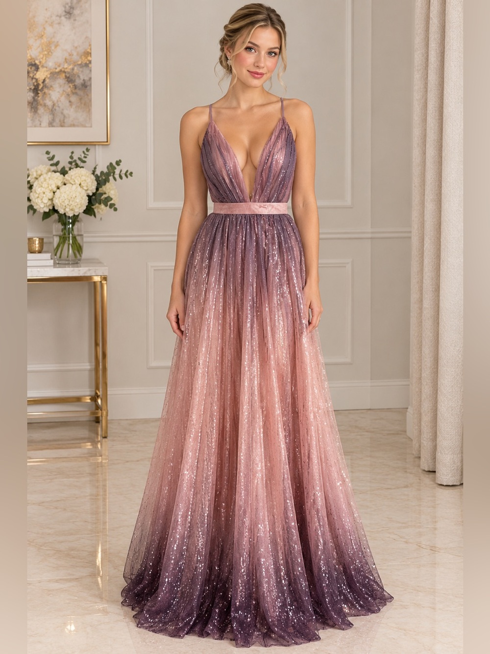 AKIRA Pink to Purple Ombre Plunging Maxi Dress